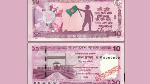 জুলাই গ্রাফিতির নতুন ১০ টাকার নোট মঙ্গলবার বাজারে ‘বাংলাদেশের ঐতিহাসিক ও প্রত্নতাত্ত্বিক স্থাপত্য’ শীর্ষক নতুন ডিজাইন ও সিরিজের ১০ টাকা মূল্যের ব্যাংক নোট আগামী মঙ্গলবার (৩ ফেব্রুয়ারি) থেকে বাজারে ছাড়ছে বাংলাদেশ ব্যাংক। সোমবার (২ ফেব্রুয়ারি) বাংলাদেশ ব্যাংকের ডিপার্টমেন্ট অব কমিউনিকেশন্স অ্যান্ড পাবলিকেশন্স এক বিজ্ঞপ্তিতে এ তথ্য জানিয়েছে। বিজ্ঞপ্তিতে বলা হয়েছে, বাংলাদেশ ব্যাংক নতুন ডিজাইন ও সিরিজের সব মূল্যমানের নোট (১,০০০, ৫০০, ২০০, ১০০, ৫০, ২০, ১০, ৫ ও ২ টাকা) মুদ্রণের উদ্যোগ নিয়েছে। এরই মধ্যে ১,০০০, ৫০০, ১০০, ৫০ ও ২০ টাকার নতুন নোট বাজারে প্রচলনে এসেছে। এর ধারাবাহিকতায় গভর্নর ড. আহসান এইচ মনসুর স্বাক্ষরিত নতুন ১০ টাকার নোট মঙ্গলবার থেকে প্রথমবারের মতো বাজারে ছাড়বে। প্রাথমিকভাবে নোটটি বাংলাদেশ ব্যাংকের মতিঝিল অফিস থেকে ইস্যু করা হবে, পরে অন্যান্য কেন্দ্রীয় ব্যাংক অফিস থেকেও বিতরণ করা হবে। নতুন নোটটির আয়তন ১২৩ মিলিমিটার × ৬০ মিলিমিটার। সম্মুখভাগে বাম পাশে বায়তুল মোকাররম জাতীয় মসজিদের ছবি এবং মাঝখানে জাতীয় ফুল শাপলার ছবি রয়েছে। পেছনের অংশে মুদ্রিত হয়েছে ‘গ্রাফিতি ২০২৪’-এর চিত্র। নোটটির রঙে গোলাপির আধিক্য রয়েছে। নিরাপত্তা বৈশিষ্ট্যের মধ্যে রয়েছে— সম্মুখভাগের বাঁ পাশে বায়তুল মোকাররম জাতীয় মসজিদ ও শাপলার ছবি পেছনের অংশে গ্রাফিতি ২০২৪-এর ছবি জলছাপে রয়েল বেঙ্গল টাইগারের মুখ ইলেকট্রোটাইপ জলছাপে ‘১০’ বাংলাদেশ ব্যাংকের মনোগ্রাম ২ মিলিমিটার চওড়া রং পরিবর্তনশীল নিরাপত্তা সুতা See-Through ইমেজ ও মাইক্রোপ্রিন্ট নোটটি নাড়াচাড়া করলে নিরাপত্তা সুতার রং লাল থেকে সবুজে পরিবর্তিত হবে। বাংলাদেশ ব্যাংক জানিয়েছে, নতুন ১০ টাকার নোট বাজারে আসলেও বর্তমানে প্রচলিত সব কাগজে নোট ও ধাতব মুদ্রা আগের মতোই বৈধ থাকবে। এছাড়া মুদ্রা সংগ্রাহকদের জন্য ১০ টাকার নমুনা (Specimen) নোটও মুদ্রণ করা হয়েছে, যা বিনিময়যোগ্য নয়। এই নমুনা নোট বাংলাদেশ ব্যাংকের টাকা জাদুঘর বিভাগ, মিরপুর থেকে সংগ্রহ করা যাবে।