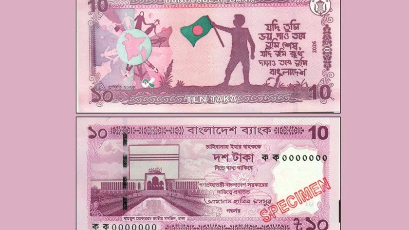 জুলাই গ্রাফিতির নতুন ১০ টাকার নোট মঙ্গলবার বাজারে ‘বাংলাদেশের ঐতিহাসিক ও প্রত্নতাত্ত্বিক স্থাপত্য’ শীর্ষক নতুন ডিজাইন ও সিরিজের ১০ টাকা মূল্যের ব্যাংক নোট আগামী মঙ্গলবার (৩ ফেব্রুয়ারি) থেকে বাজারে ছাড়ছে বাংলাদেশ ব্যাংক। সোমবার (২ ফেব্রুয়ারি) বাংলাদেশ ব্যাংকের ডিপার্টমেন্ট অব কমিউনিকেশন্স অ্যান্ড পাবলিকেশন্স এক বিজ্ঞপ্তিতে এ তথ্য জানিয়েছে। বিজ্ঞপ্তিতে বলা হয়েছে, বাংলাদেশ ব্যাংক নতুন ডিজাইন ও সিরিজের সব মূল্যমানের নোট (১,০০০, ৫০০, ২০০, ১০০, ৫০, ২০, ১০, ৫ ও ২ টাকা) মুদ্রণের উদ্যোগ নিয়েছে। এরই মধ্যে ১,০০০, ৫০০, ১০০, ৫০ ও ২০ টাকার নতুন নোট বাজারে প্রচলনে এসেছে। এর ধারাবাহিকতায় গভর্নর ড. আহসান এইচ মনসুর স্বাক্ষরিত নতুন ১০ টাকার নোট মঙ্গলবার থেকে প্রথমবারের মতো বাজারে ছাড়বে। প্রাথমিকভাবে নোটটি বাংলাদেশ ব্যাংকের মতিঝিল অফিস থেকে ইস্যু করা হবে, পরে অন্যান্য কেন্দ্রীয় ব্যাংক অফিস থেকেও বিতরণ করা হবে। নতুন নোটটির আয়তন ১২৩ মিলিমিটার × ৬০ মিলিমিটার। সম্মুখভাগে বাম পাশে বায়তুল মোকাররম জাতীয় মসজিদের ছবি এবং মাঝখানে জাতীয় ফুল শাপলার ছবি রয়েছে। পেছনের অংশে মুদ্রিত হয়েছে ‘গ্রাফিতি ২০২৪’-এর চিত্র। নোটটির রঙে গোলাপির আধিক্য রয়েছে। নিরাপত্তা বৈশিষ্ট্যের মধ্যে রয়েছে— সম্মুখভাগের বাঁ পাশে বায়তুল মোকাররম জাতীয় মসজিদ ও শাপলার ছবি পেছনের অংশে গ্রাফিতি ২০২৪-এর ছবি জলছাপে রয়েল বেঙ্গল টাইগারের মুখ ইলেকট্রোটাইপ জলছাপে ‘১০’ বাংলাদেশ ব্যাংকের মনোগ্রাম ২ মিলিমিটার চওড়া রং পরিবর্তনশীল নিরাপত্তা সুতা See-Through ইমেজ ও মাইক্রোপ্রিন্ট নোটটি নাড়াচাড়া করলে নিরাপত্তা সুতার রং লাল থেকে সবুজে পরিবর্তিত হবে। বাংলাদেশ ব্যাংক জানিয়েছে, নতুন ১০ টাকার নোট বাজারে আসলেও বর্তমানে প্রচলিত সব কাগজে নোট ও ধাতব মুদ্রা আগের মতোই বৈধ থাকবে। এছাড়া মুদ্রা সংগ্রাহকদের জন্য ১০ টাকার নমুনা (Specimen) নোটও মুদ্রণ করা হয়েছে, যা বিনিময়যোগ্য নয়। এই নমুনা নোট বাংলাদেশ ব্যাংকের টাকা জাদুঘর বিভাগ, মিরপুর থেকে সংগ্রহ করা যাবে।